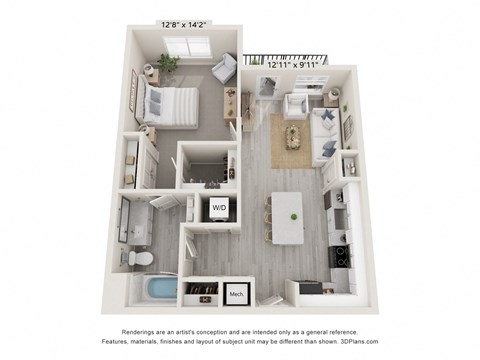 Floor plan for 1 bed, 1 bath, 834 sqft